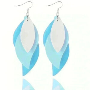 3-layer Leaf Design 3.5” Dangle Earrings in PU Leather w/Silver Tone Fish Hooks